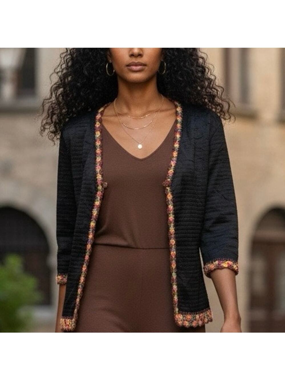 Alberto Malaki Cardigan Black satiny polyester with crochet trim size med